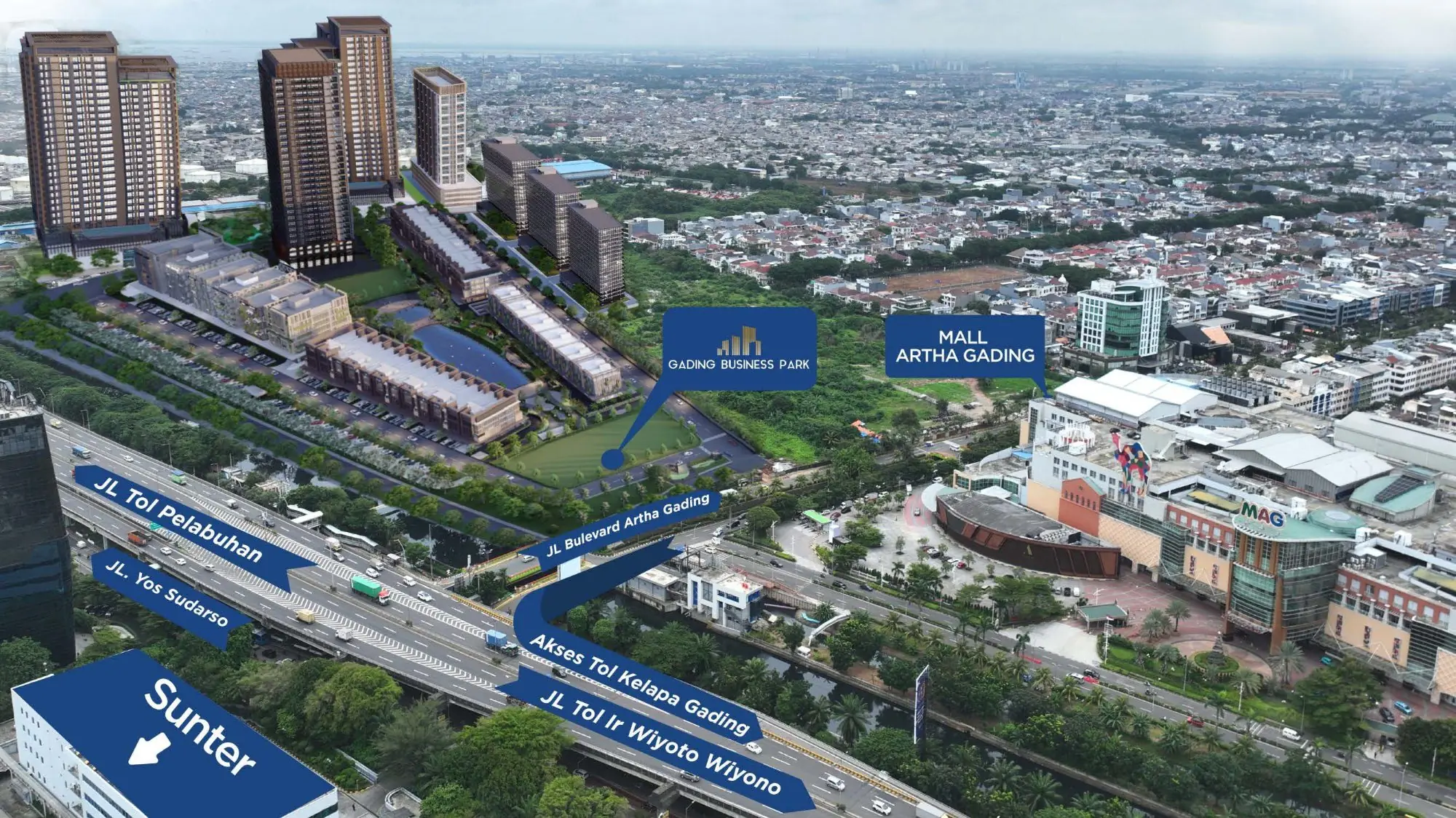 Gading Business Park aerial view — posisi strategis bersebelahan Mall Artha Gading, akses tol Kelapa Gading Jakarta Utara