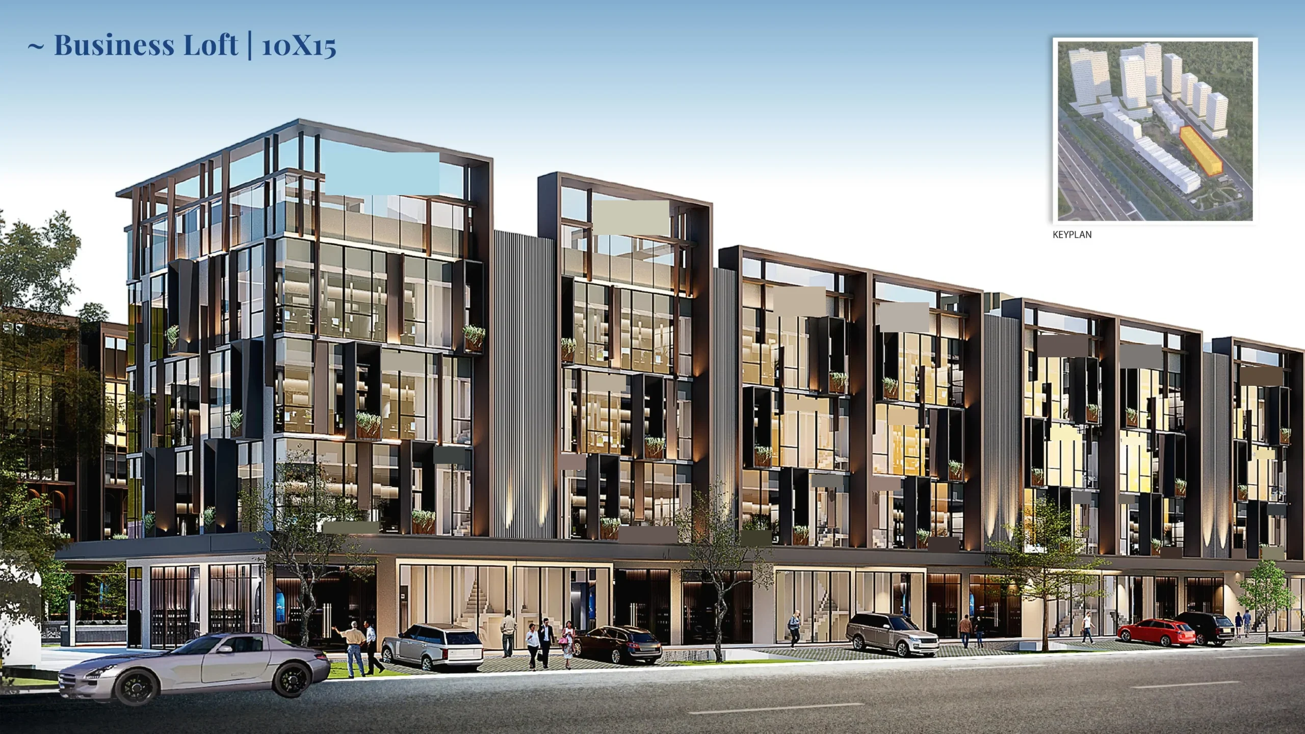 Render fasad Business Loft 10 × 15 m di Gading Business Park, Kelapa Gading: gedung 4 lantai dengan etalase kaca