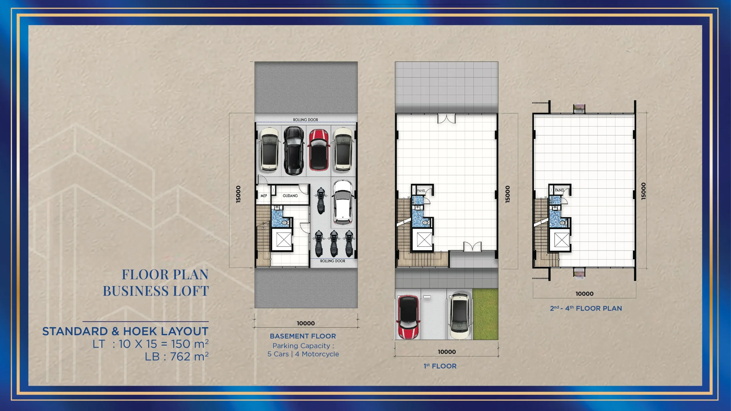 Floor plan Business Loft 10 × 15 m di Gading Business Park, Kelapa Gading: basement, lantai 1, dan lantai 2–4