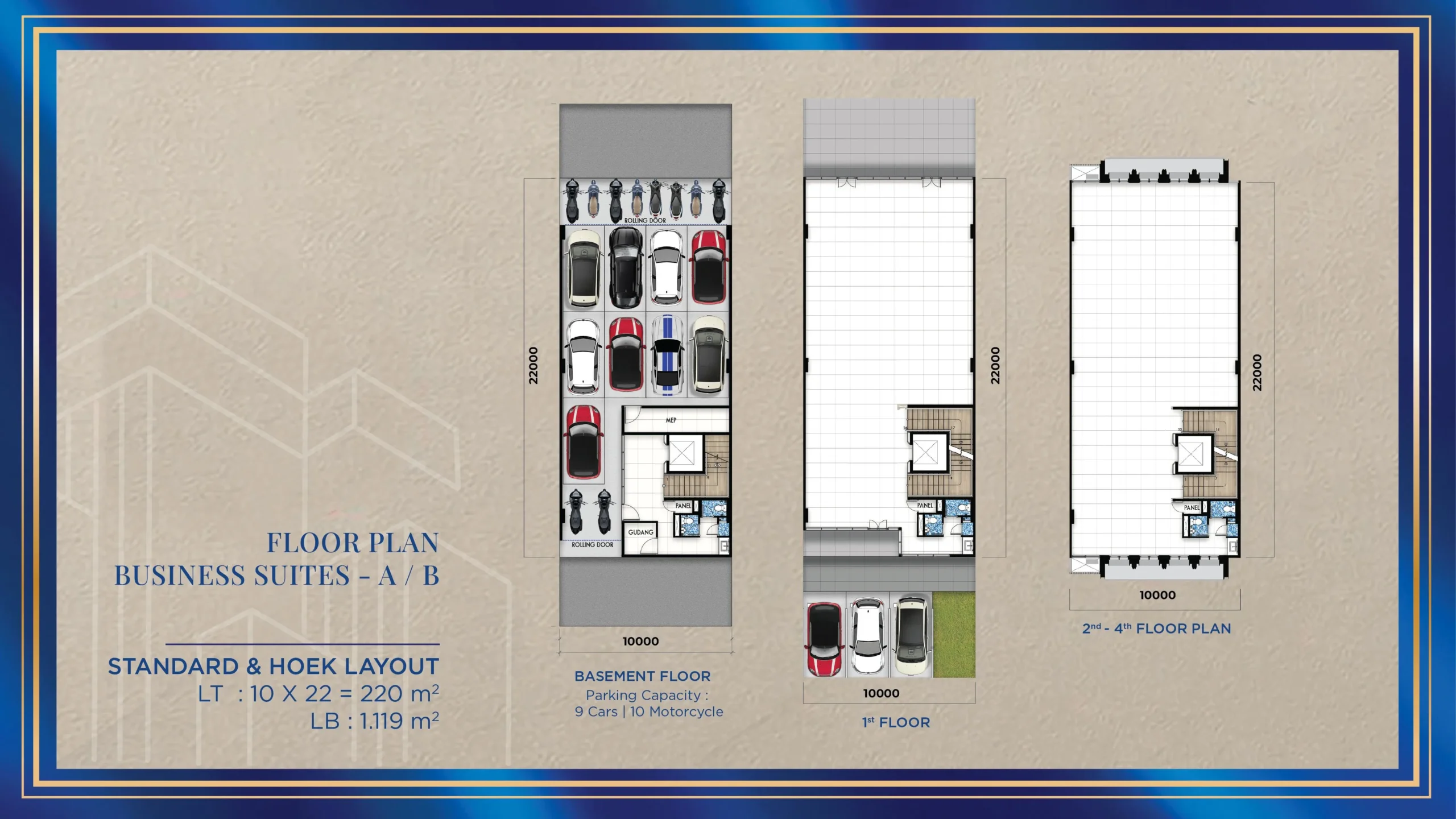 Floor plan Business Suites 10 × 22 m di Gading Business Park, Kelapa Gading: basement, lantai 1, dan lantai 2–4