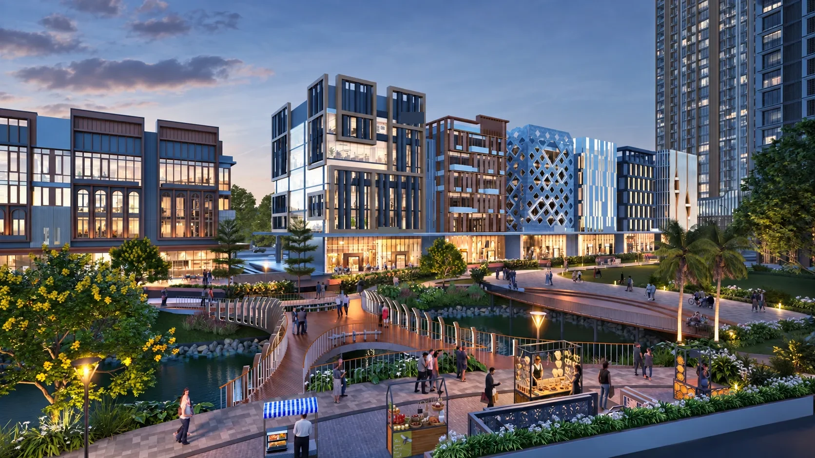 Render malam promenade tepi danau Gading Business Park, Kelapa Gading, dengan jembatan pejalan kaki