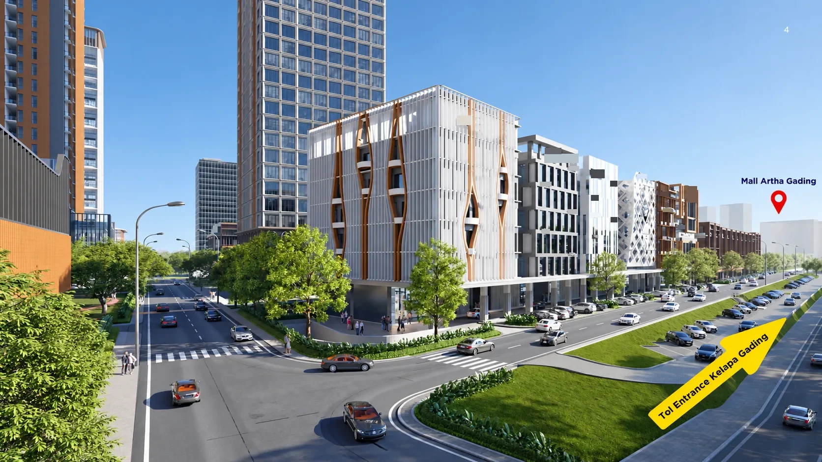 Render siang gedung usaha Gading Business Park di Jalan Boulevard, Kelapa Gading, dekat Mall Artha Gading