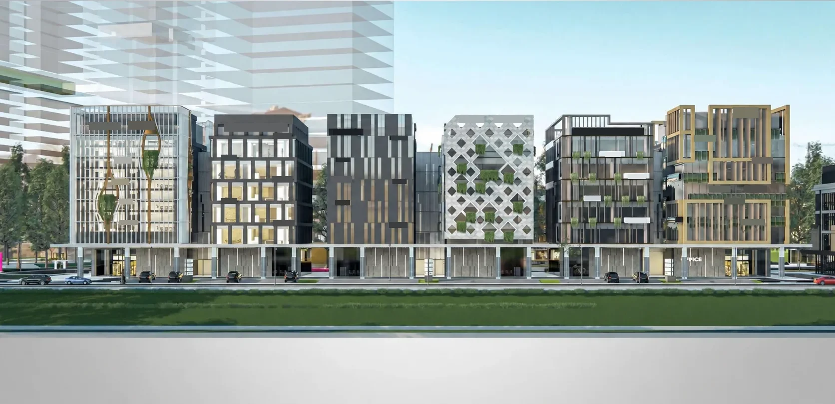 Render fasad Small Office Building di Gading Business Park, Kelapa Gading: enam gedung kantor berjajar menghadap taman