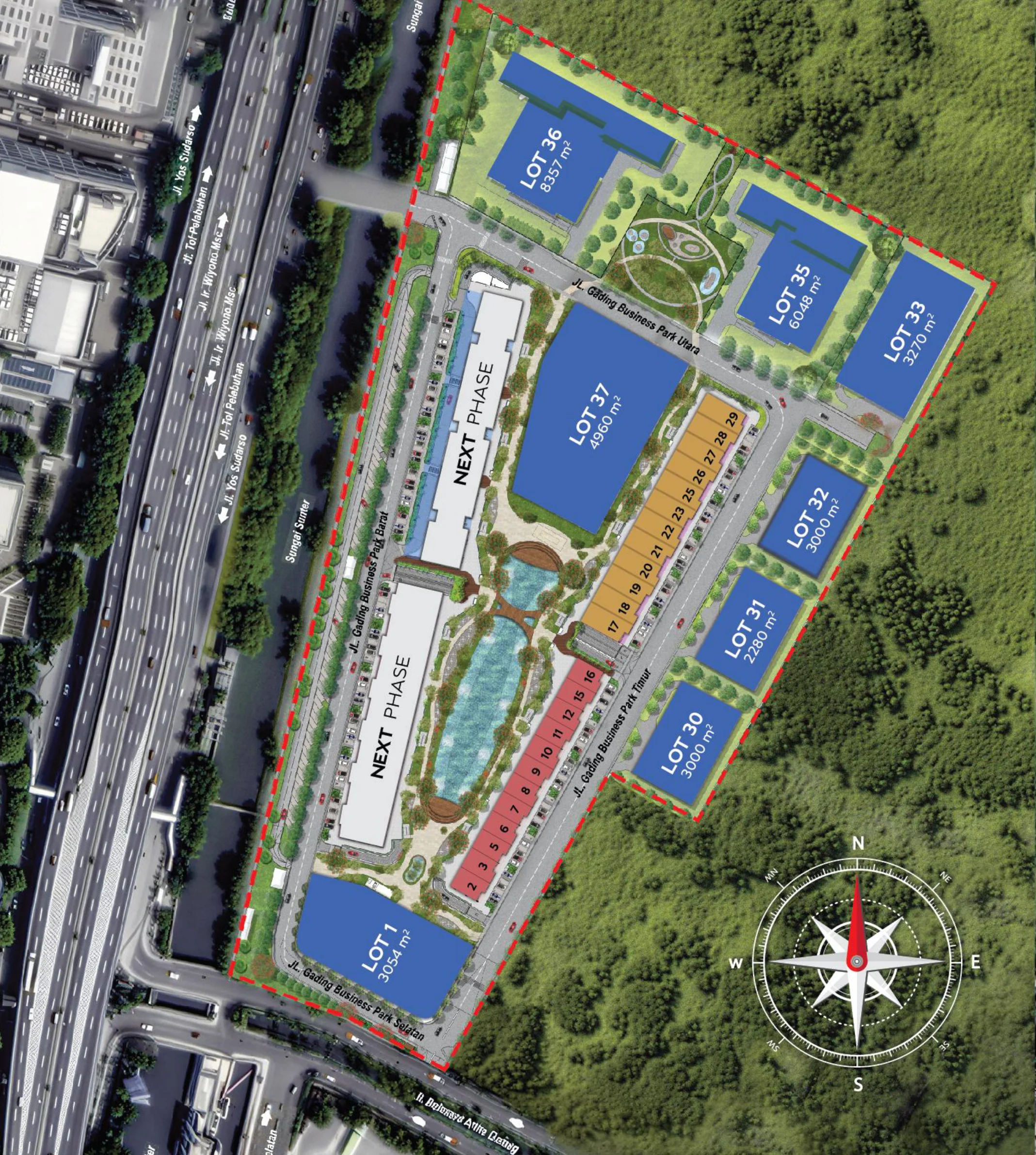 Siteplan Gading Business Park, Kelapa Gading: posisi lot kavling komersial, Business Loft, dan Business Suites di sisi Jl. Yos Sudarso dan Sungai Sunter