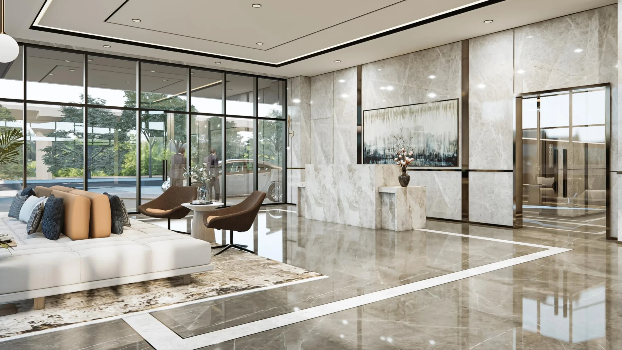 Render lobi dalam Small Office Building di Gading Business Park, Kelapa Gading, dengan meja penerima tamu berlapis marmer