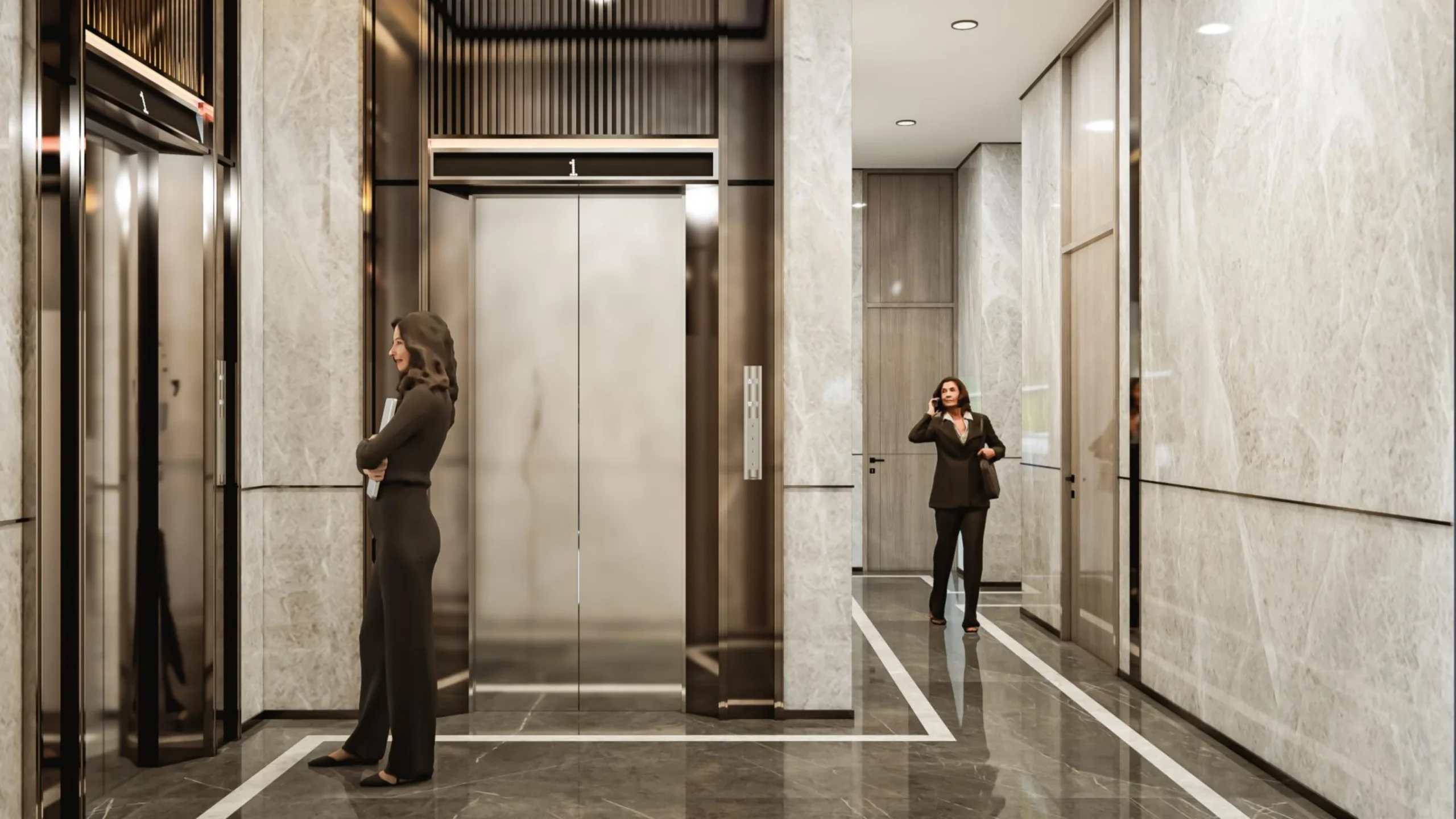 Render lobi lift Small Office Building di Gading Business Park, Kelapa Gading