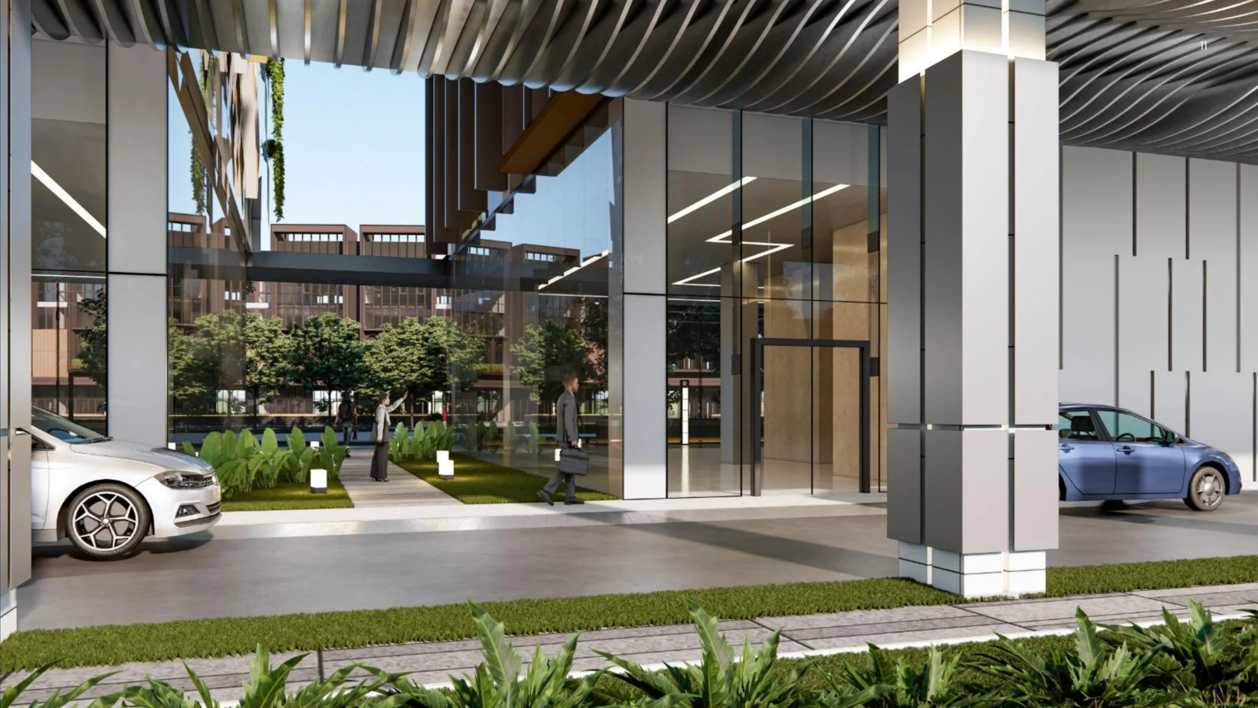 Render lobi luar Small Office Building di Gading Business Park, Kelapa Gading, dengan drop-off mobil beratap