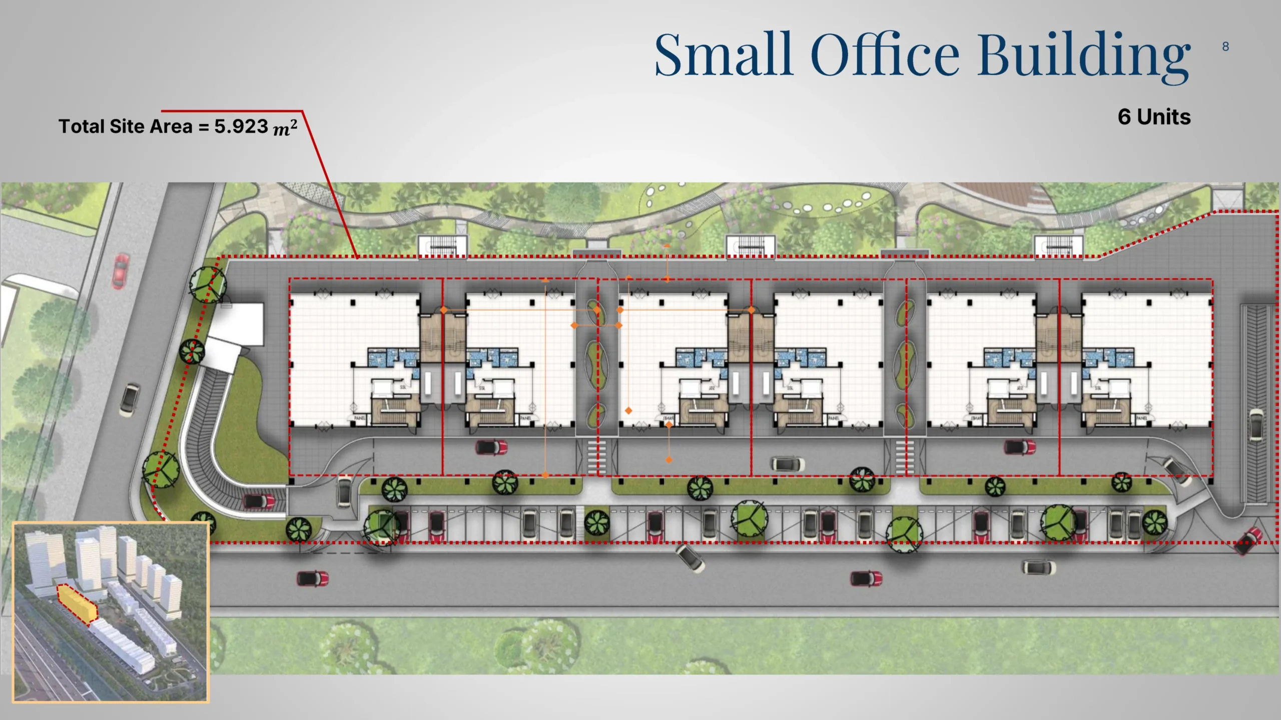Siteplan Small Office Building di Gading Business Park, Kelapa Gading, dengan jalan masuk dan parkir di depan gedung