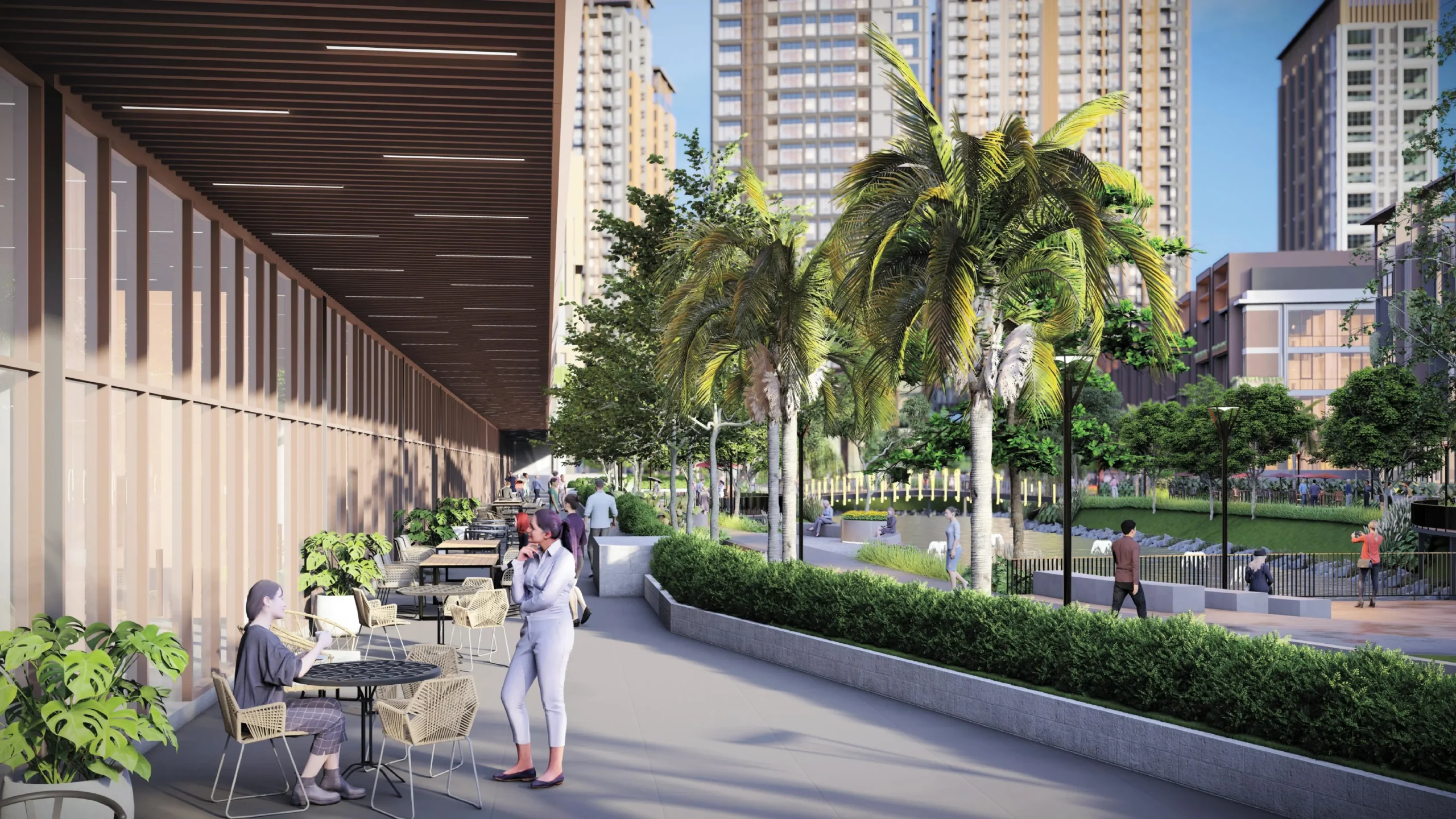 Render selasar taman dengan area duduk di Gading Business Park, Kelapa Gading