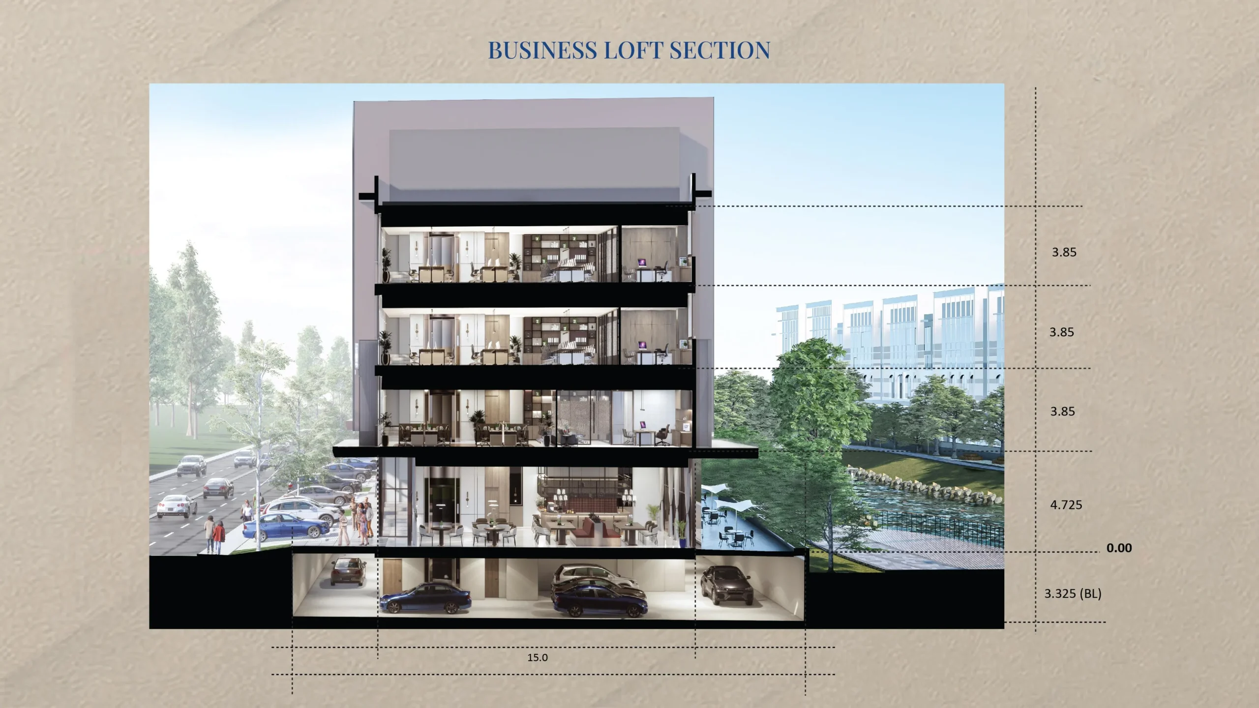 Potongan Business Loft di Gading Business Park, Kelapa Gading: basement, lantai dasar 4,725 m, dan lantai 2–4