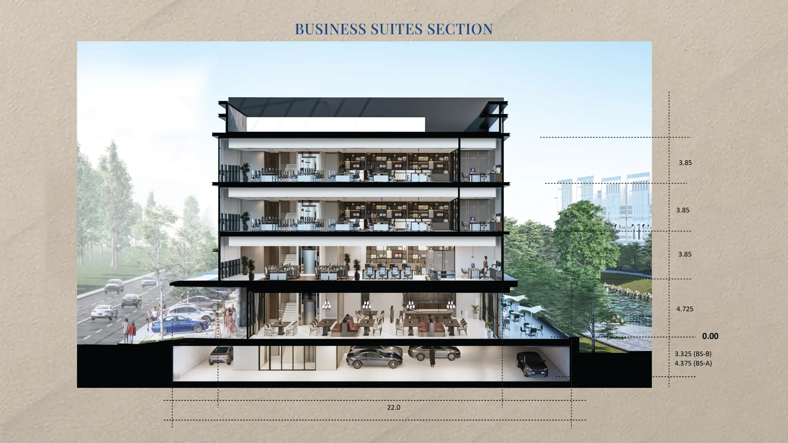 Potongan Business Suites di Gading Business Park, Kelapa Gading: basement, lantai dasar 4,725 m, dan lantai 2–4