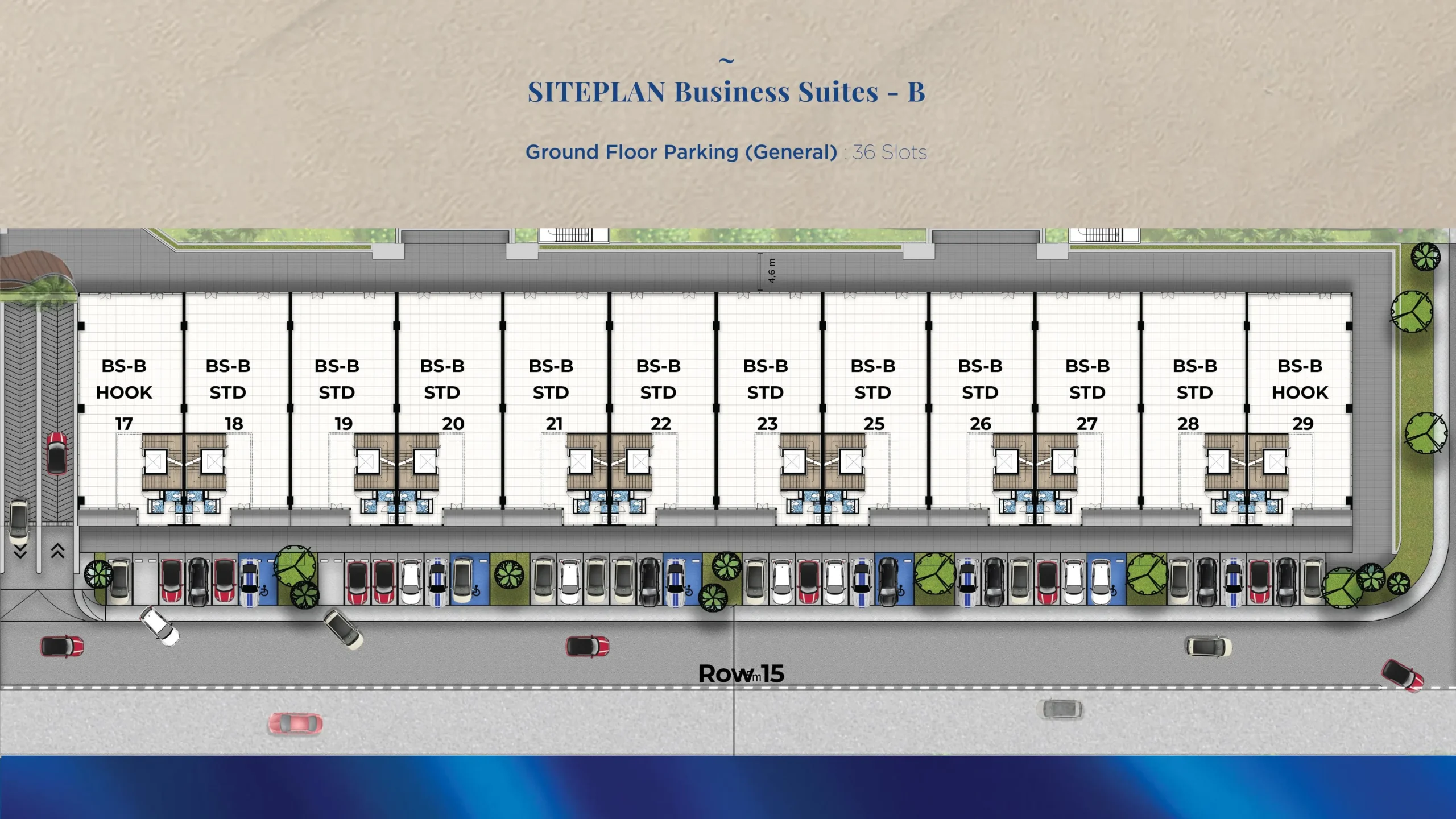 Siteplan Business Suites di Gading Business Park, Kelapa Gading, dengan parkir umum di depan unit